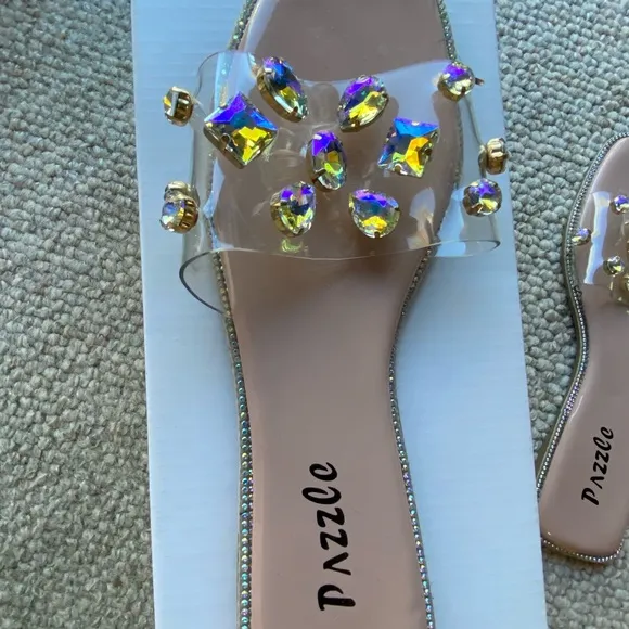 Nude Open-Toe Flat Shoes Women's Colorful Crystal Slide Sandals (Brand N…
