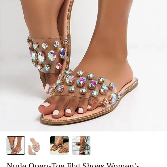 Nude Open-Toe Flat Shoes Women's Colorful Crystal Slide Sandals (Brand N…