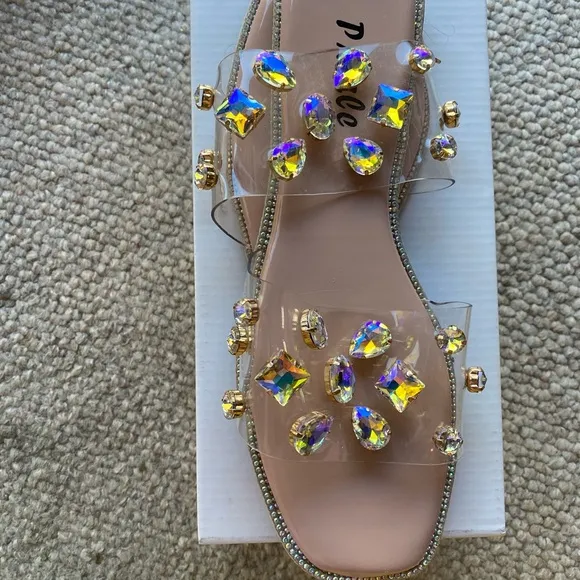 Nude Open-Toe Flat Shoes Women's Colorful Crystal Slide Sandals (Brand N…