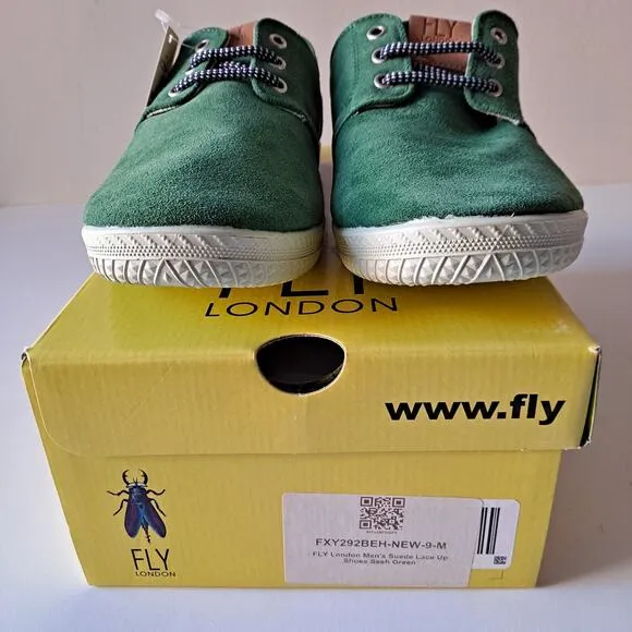 NWB FLY London Suede Lace Up Low Top Sneaker Shoes Sesh Green Mens Size 42 US 9