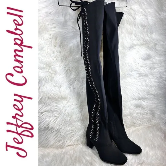 NWOB JEFFREY CAMPBELL Black Elektra Corset Faux Leather Over The Knee Boots, 6