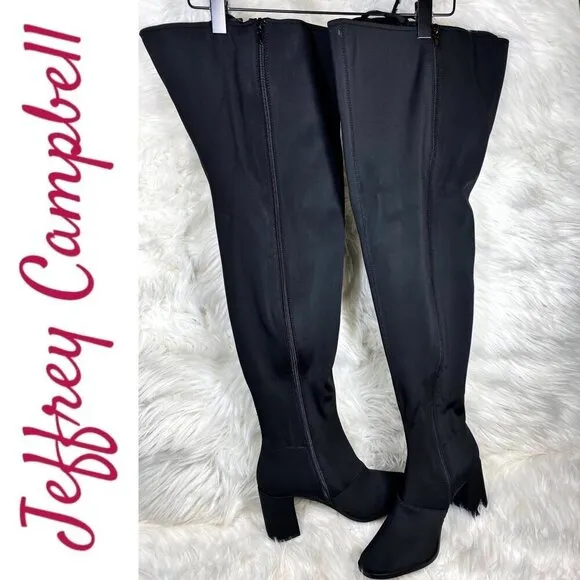 NWOB JEFFREY CAMPBELL Black Elektra Corset Faux Leather Over The Knee Boots, 6