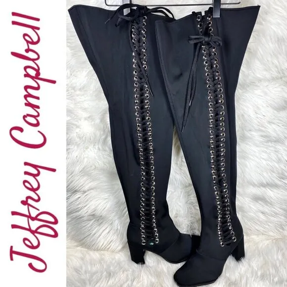 NWOB JEFFREY CAMPBELL Black Elektra Corset Faux Leather Over The Knee Boots, 6