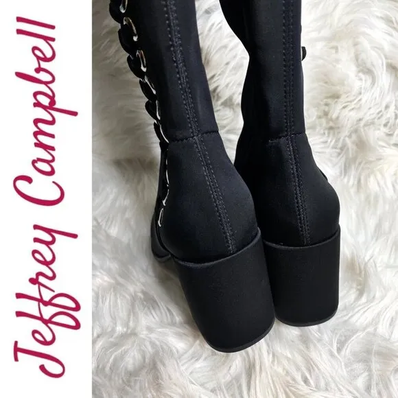 NWOB JEFFREY CAMPBELL Black Elektra Corset Faux Leather Over The Knee Boots, 6