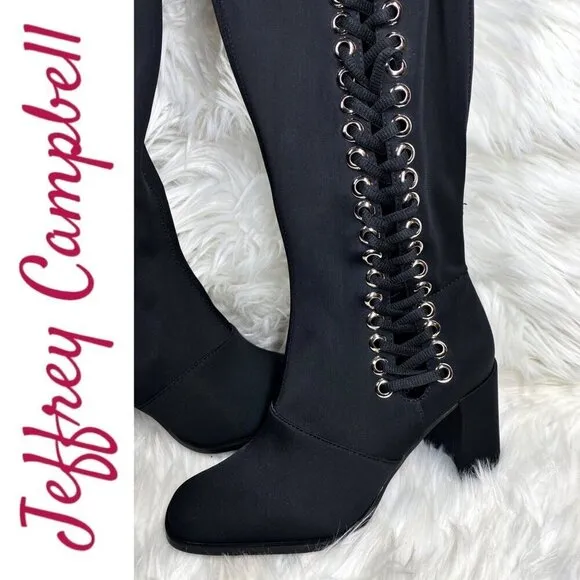 NWOB JEFFREY CAMPBELL Black Elektra Corset Faux Leather Over The Knee Boots, 6