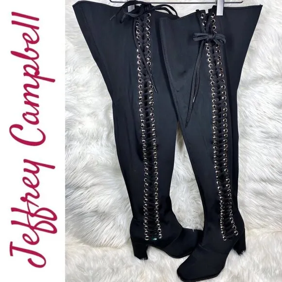 NWOB JEFFREY CAMPBELL Black Elektra Corset Faux Leather Over The Knee Boots, 6