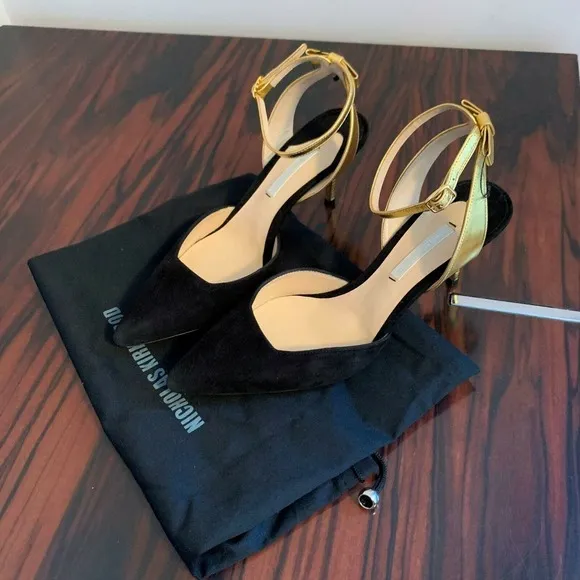 NWOB NICHOLAS KIRKWOOD Black and Gold Suede Evening Shoes SZ 6