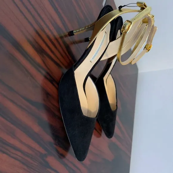 NWOB NICHOLAS KIRKWOOD Black and Gold Suede Evening Shoes SZ 6