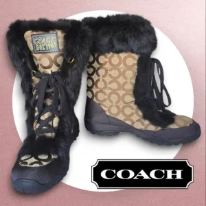 NWOT Coach Jennie Signature Fur Winter Snow Boots Brown Monogram Cozy Luxe Sz 8