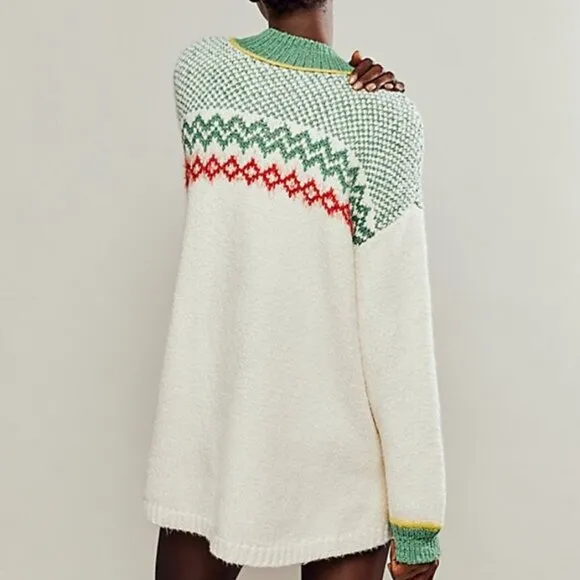 NWOT Free People Cherry Heart Sweater Dress Ivory Green Red Fair Isle