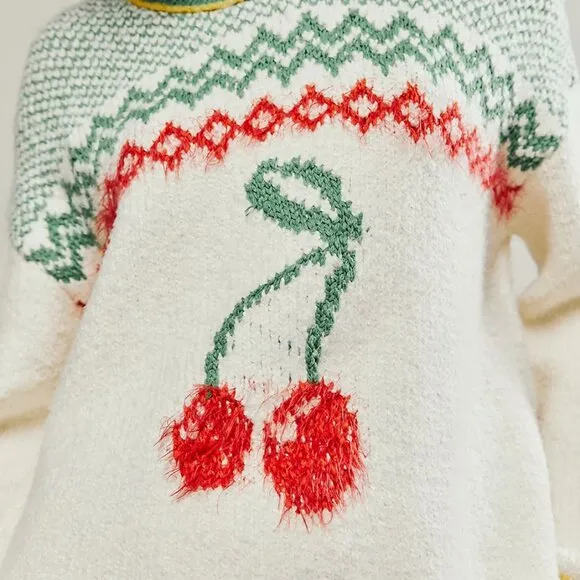 NWOT Free People Cherry Heart Sweater Dress Ivory Green Red Fair Isle