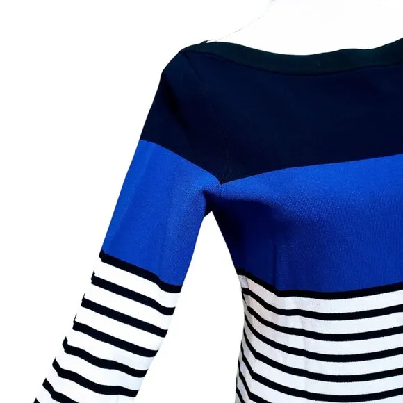 NWOT KATE SPADE Scuba Dress, Blue Black White Striped Fitted Preppy Office, M