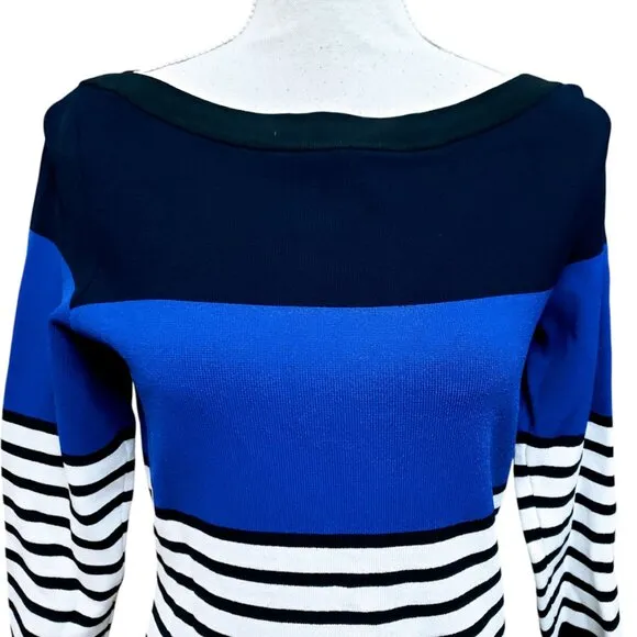 NWOT KATE SPADE Scuba Dress, Blue Black White Striped Fitted Preppy Office, M