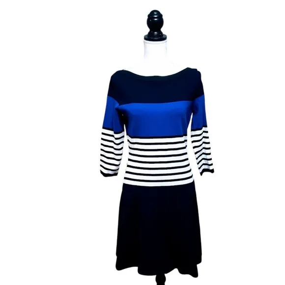 NWOT KATE SPADE Scuba Dress, Blue Black White Striped Fitted Preppy Office, M