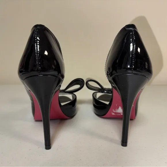 NWOT PARIS HILTON Stiletto Heel Shoes 8.5 Black Patent Leather Bow Peep Toe Pump