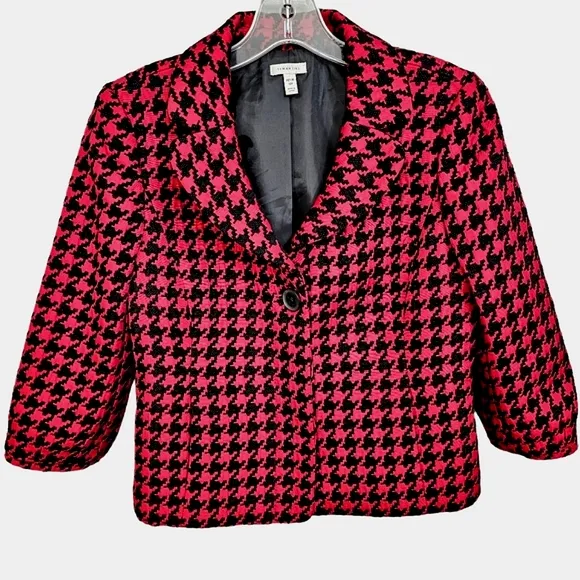 Nwot Semantiks Red/Black Three Quarter Sleeve Collared Houndstooth Crop Jacket