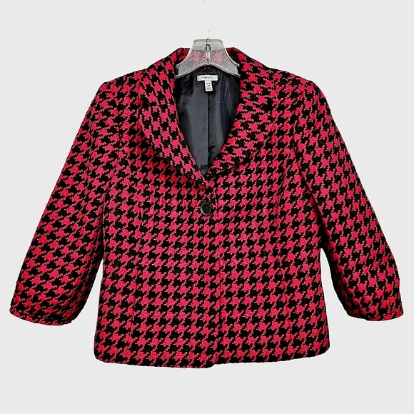Nwot Semantiks Red/Black Three Quarter Sleeve Collared Houndstooth Crop Jacket