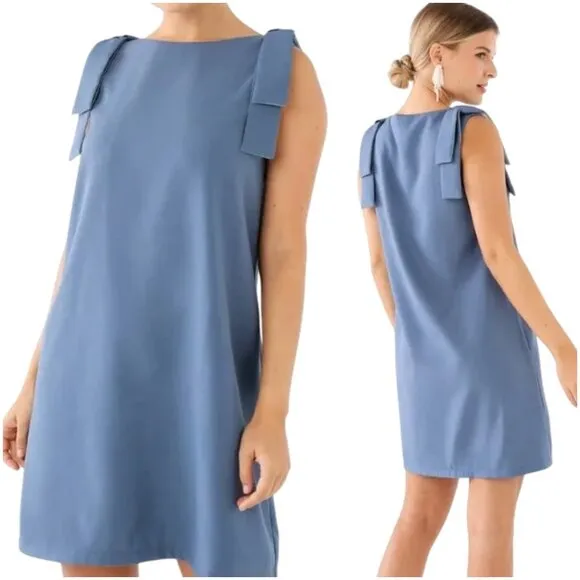 NWT Abbey Glass Michelle Shift Dress blue M medium bow shoulder boat neck