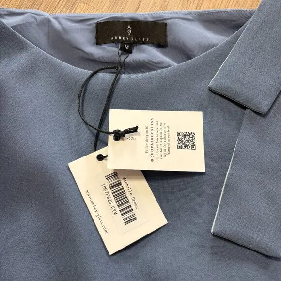 NWT Abbey Glass Michelle Shift Dress blue M medium bow shoulder boat neck