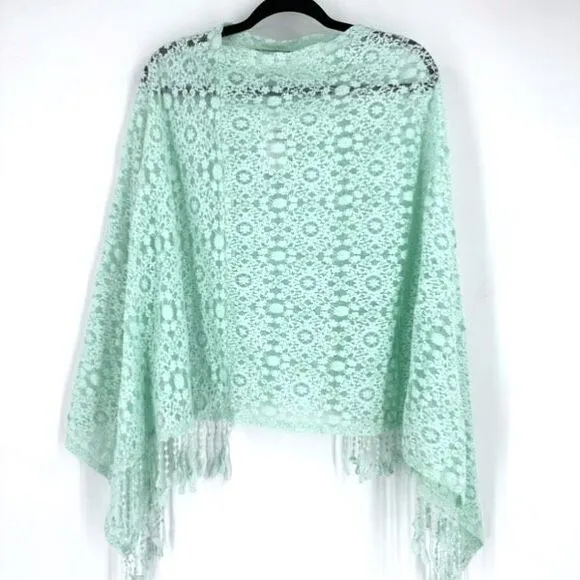NWT Alberto Makali Women's Lace Sheer Fringe Hem Poncho Mint Green Size S/M