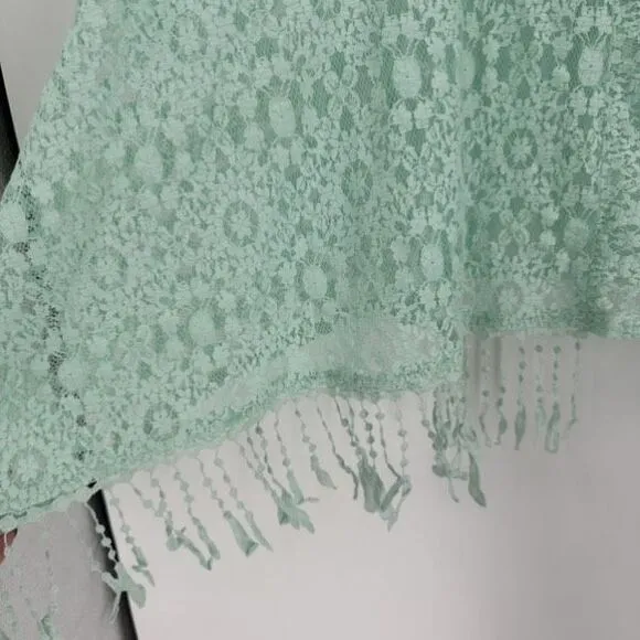 NWT Alberto Makali Women's Lace Sheer Fringe Hem Poncho Mint Green Size S/M