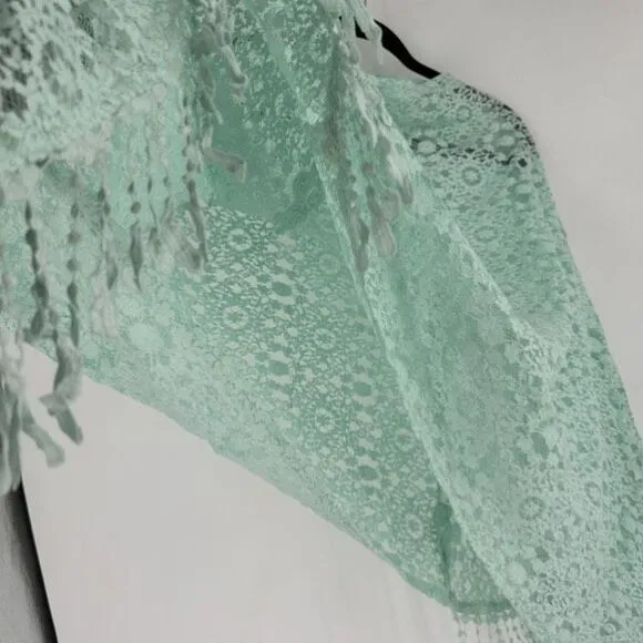 NWT Alberto Makali Women's Lace Sheer Fringe Hem Poncho Mint Green Size S/M