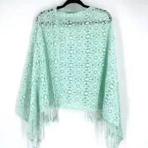 NWT Alberto Makali Women's Lace Sheer Fringe Hem Poncho Mint Green Size S/M
