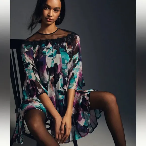NWT Anthropologie L Flutter Sleeve Dress Whimsigoth Fairy Grunge Watercolor Mini