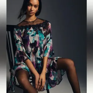 NWT Anthropologie L Flutter Sleeve Dress Whimsigoth Fairy Grunge Watercolor Mini