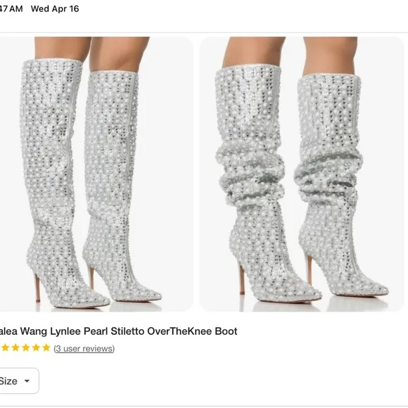 NWT Azalea Wang Lynlee Silver Rhinestone Pearl Knee High Stiletto Boot Size 7.5