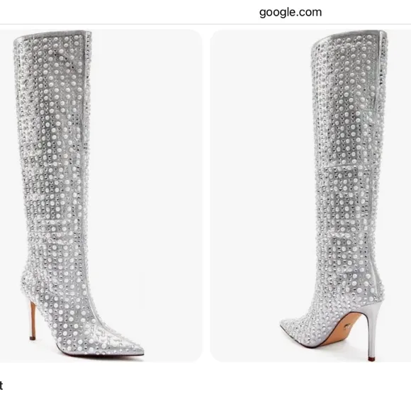 NWT Azalea Wang Lynlee Silver Rhinestone Pearl Knee High Stiletto Boot Size 7.5