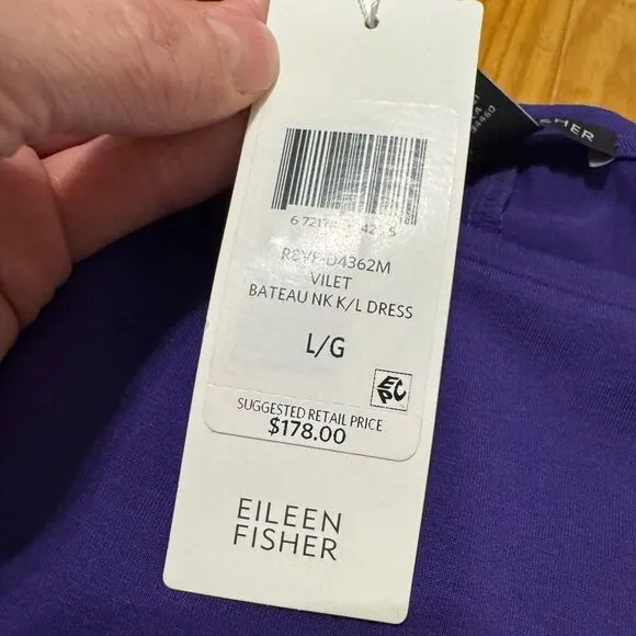 NWT Eileen Fisher Viscose Jersey 3/4 Length Sleeve Dress LRG Midi Minimalist