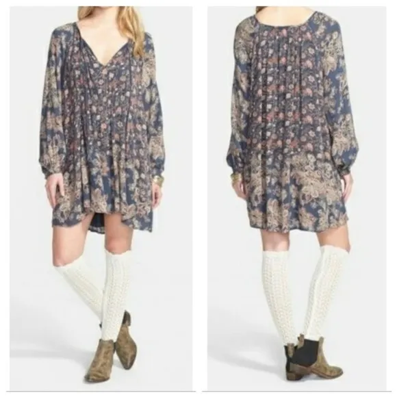 NWT Free People Lucky Loosey Floral Print Swing Dress in Indigo Combo