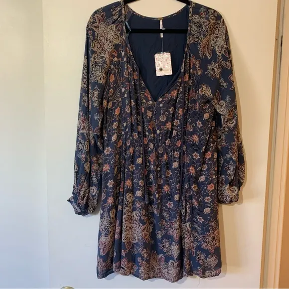 NWT Free People Lucky Loosey Floral Print Swing Dress in Indigo Combo