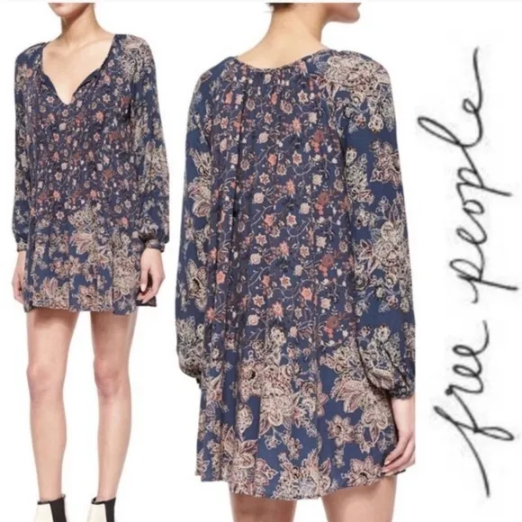 NWT Free People Lucky Loosey Floral Print Swing Dress in Indigo Combo