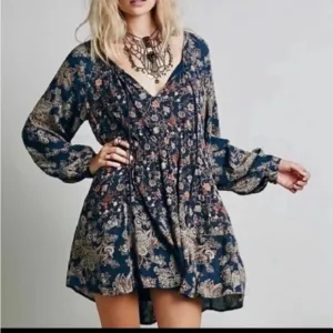 NWT Free People Lucky Loosey Floral Print Swing Dress in Indigo Combo