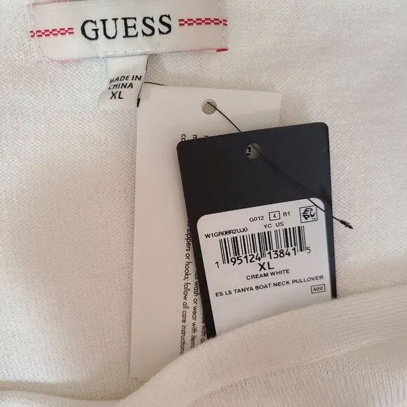 NWT GUESS Tanya Size X-Large Cream Boatneck Cropped Pullover Sweater Nautical