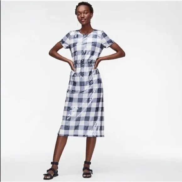 NWT J. Crew Short-Sleeve Sequin Dress In Gingham Women Blue/White Midi Size 10