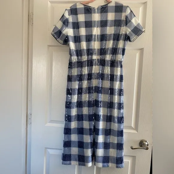 NWT J. Crew Short-Sleeve Sequin Dress In Gingham Women Blue/White Midi Size 10