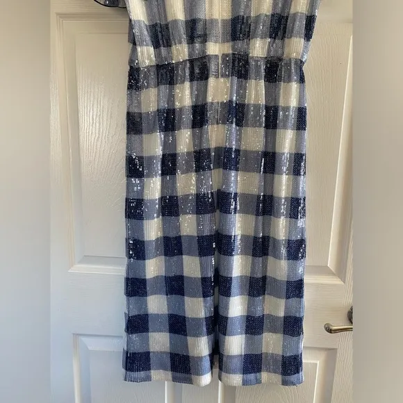 NWT J. Crew Short-Sleeve Sequin Dress In Gingham Women Blue/White Midi Size 10