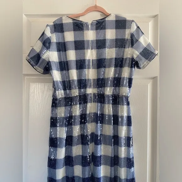 NWT J. Crew Short-Sleeve Sequin Dress In Gingham Women Blue/White Midi Size 10