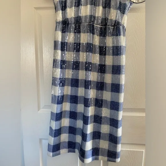 NWT J. Crew Short-Sleeve Sequin Dress In Gingham Women Blue/White Midi Size 10