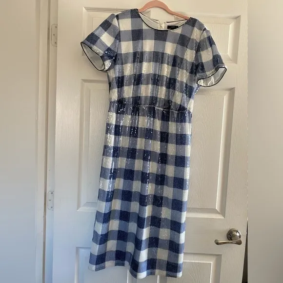 NWT J. Crew Short-Sleeve Sequin Dress In Gingham Women Blue/White Midi Size 10