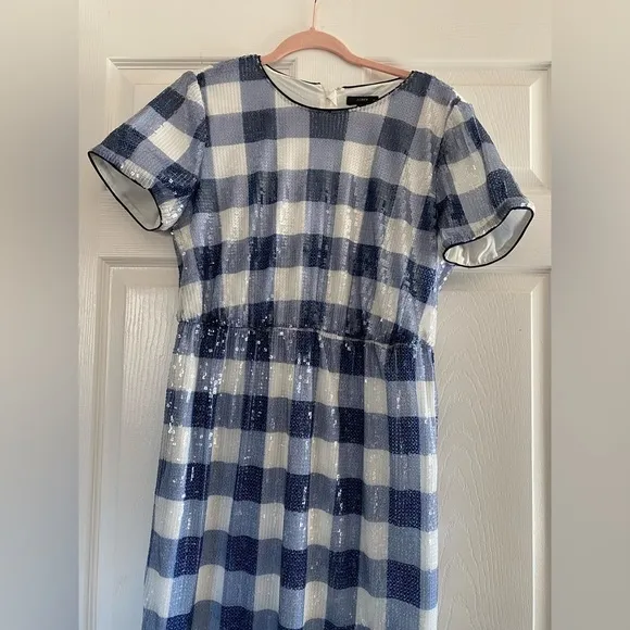 NWT J. Crew Short-Sleeve Sequin Dress In Gingham Women Blue/White Midi Size 10