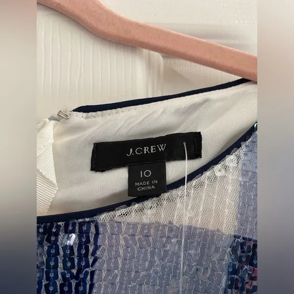 NWT J. Crew Short-Sleeve Sequin Dress In Gingham Women Blue/White Midi Size 10