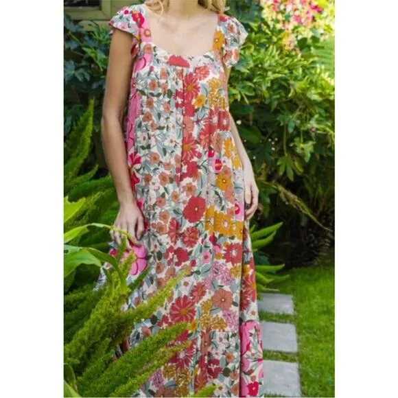 NWT Jodifl 1X Sienna Sunset Boho Maxi dress Retro Floral Shift Flowy Flutter