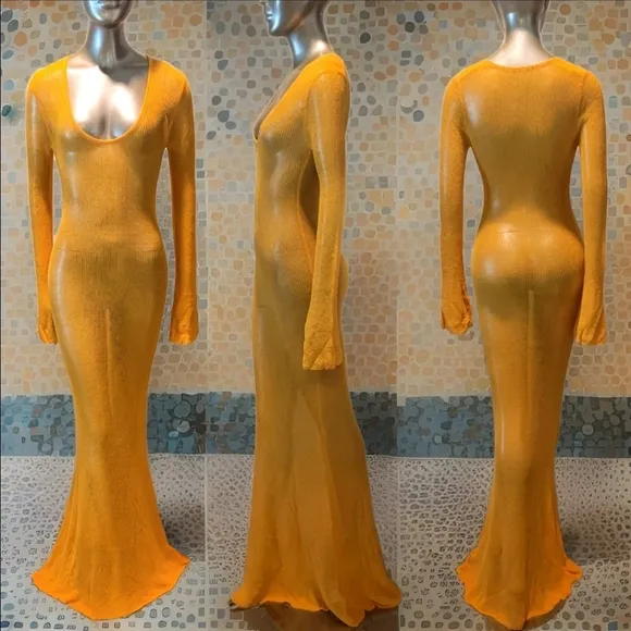 NWT Madarin Orange Sheer Knit Long Sleeve Sweater Maxi Dress Sz M