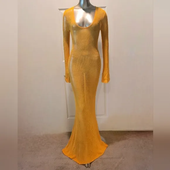 NWT Madarin Orange Sheer Knit Long Sleeve Sweater Maxi Dress Sz M