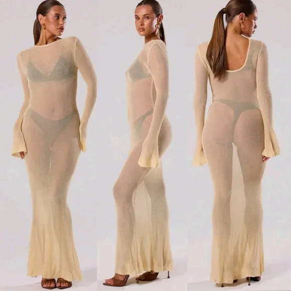 NWT Madarin Orange Sheer Knit Long Sleeve Sweater Maxi Dress Sz M