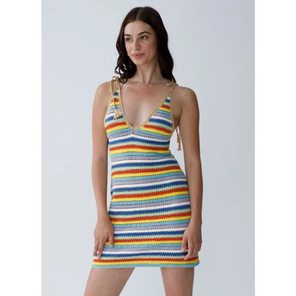NWT My Beachy Side V-neck Ali Strappy Crocheted Mini Dress Multicolor Small